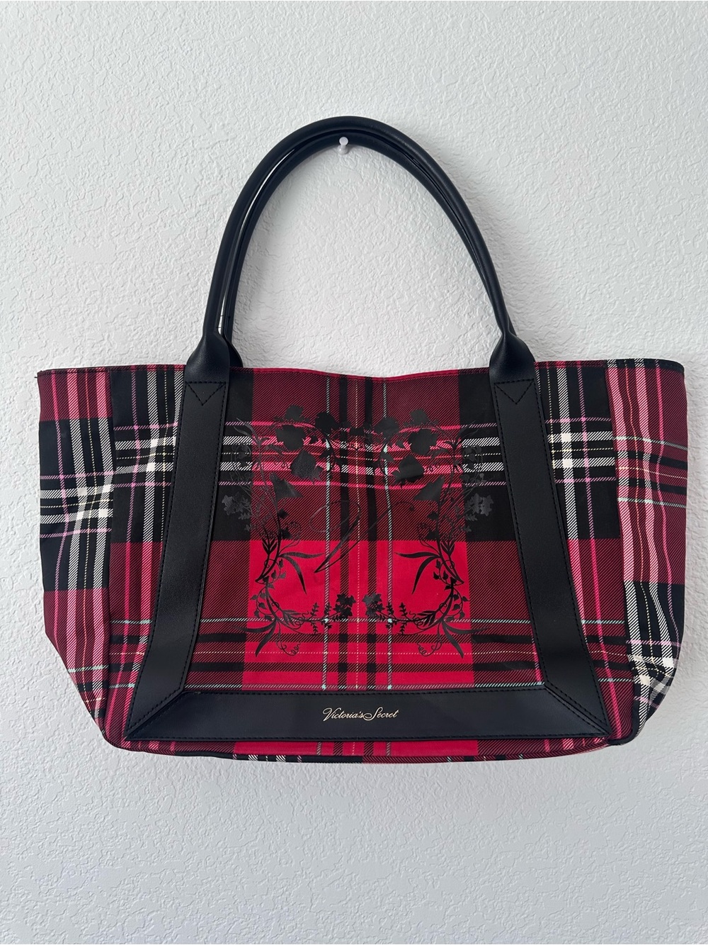 Victoria's Secret Red and Black Plaid Tote with Floral Accent